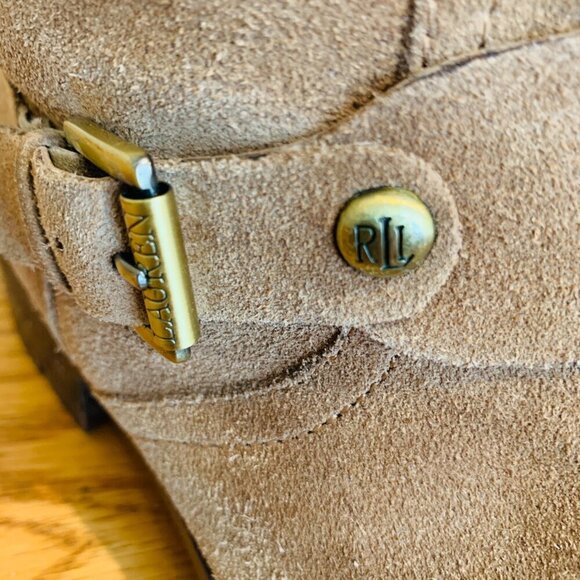 Ralph Lauren Motorcycle Boots Mid Calf Tan Suede Pull On Lug Soles - Picture 9 of 16